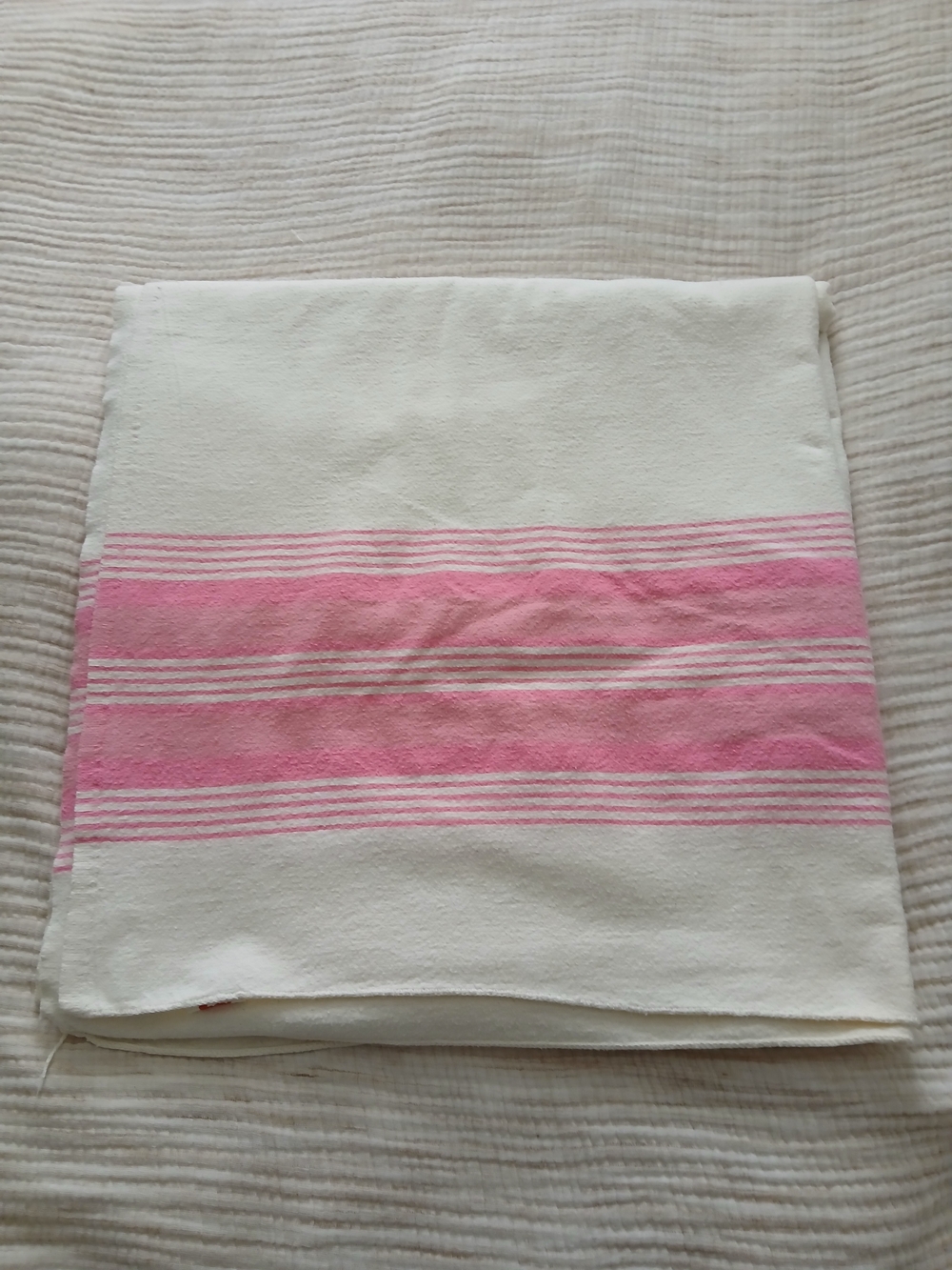 Vintage Cream and Pink Striped Cotton Throw / Blanket